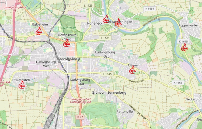 Ausschnitt Stadtplan Ludwigsburg mit Markierung der Standorte der Feuerwehr Ludwigsburg